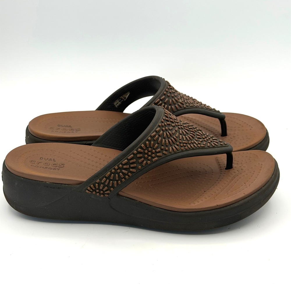Crocs Sloane Embellished Sandals Women 9 Brown Wedge Platform Walking Comfort